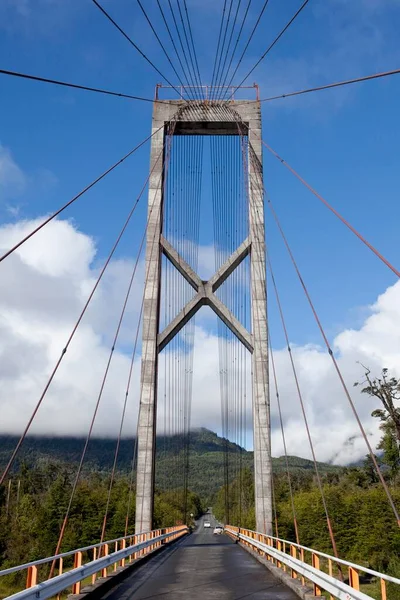 Suspension bridge on lake Lago Yelcho, Carretera Austral, Ruta CH7 road, Panamerican Highway, Cisnes, Los Lagos Region, Patagonia, Chile, South America, America, South America