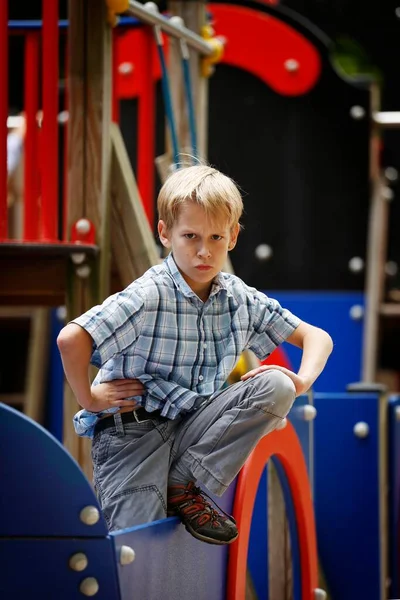 Boy Years Playground Posing Toy Boat — Stok fotoğraf