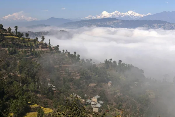 View Countryside Rural Houses Terraced Fields Mountains Himalayas Fog Valley — Photo