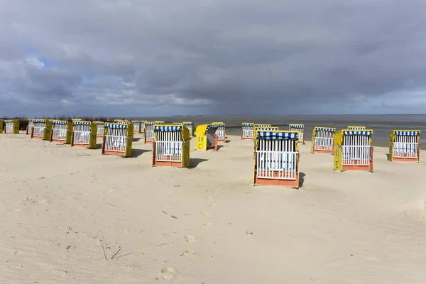 Dark Clouds North Sea Beach Chairs Sandy Beach Cuxhaven Lower — Stock Photo, Image