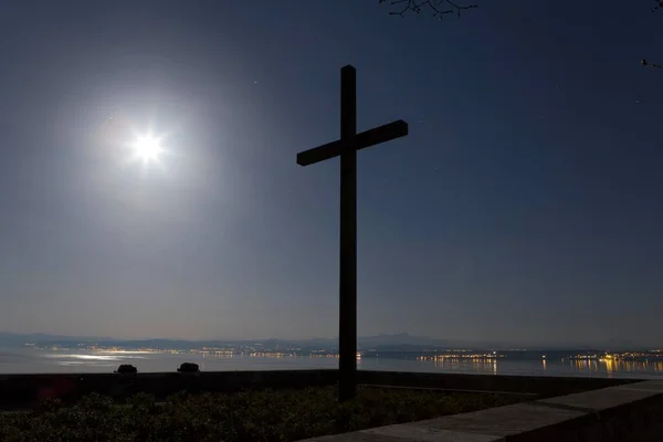 Cross Concentration Camp Memorial Site Full Moon Light Meersburg Baden — Stock fotografie