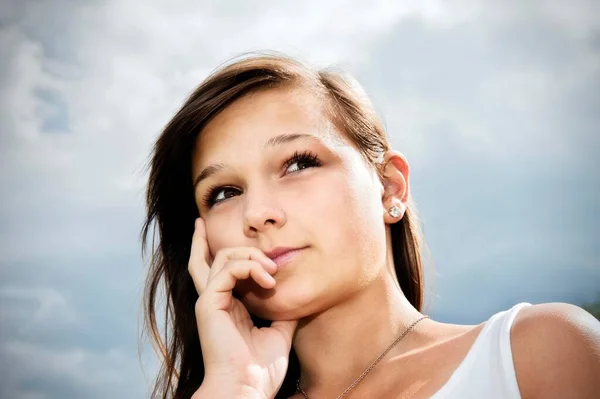 Girl Years Looking Thoughtfully Front Cloudy Sky —  Fotos de Stock