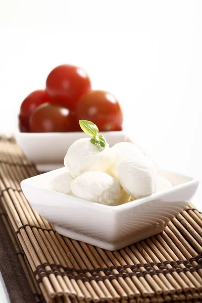 Mozzarella Balls Basil Tomatoes Bowls —  Fotos de Stock