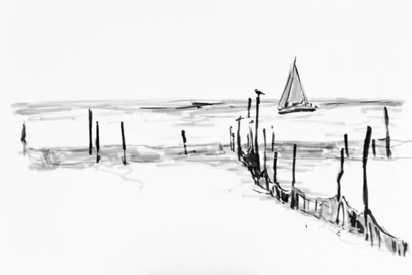 Rybářské Sítě Fjordu Flensburg Dánsko Kresba Umělce Gerharda Krause Kriftel — Stock fotografie
