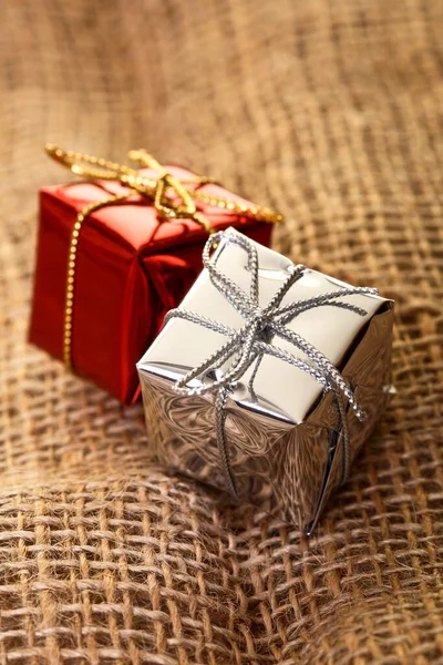 Christmas Gifts Hessian Cloth — Fotografia de Stock