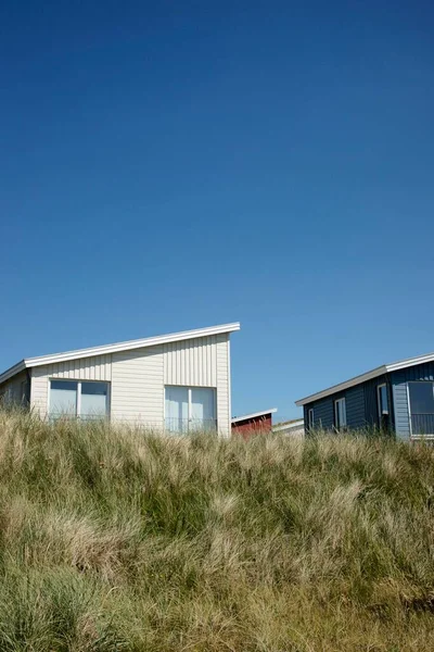 Summer cottages, several coloured wooden houses in the dunes, Hrnum, Sylt, Schleswig-Holstein, Germany, Europe