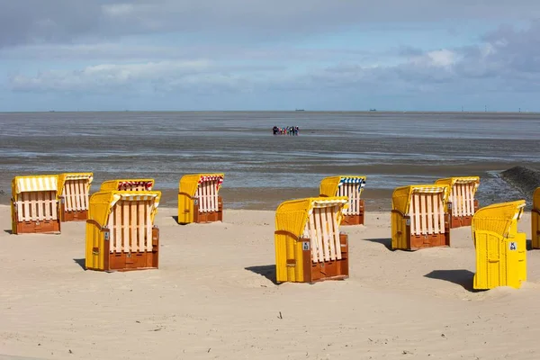 Beach Chairs Sandy Beach Back Mudflat Strollers Cuxhaven North Sea — Stock Photo, Image