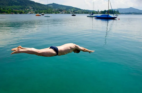 Man Diving Head First Lake Woerthersee Carinthia Austria Europe — Fotografia de Stock