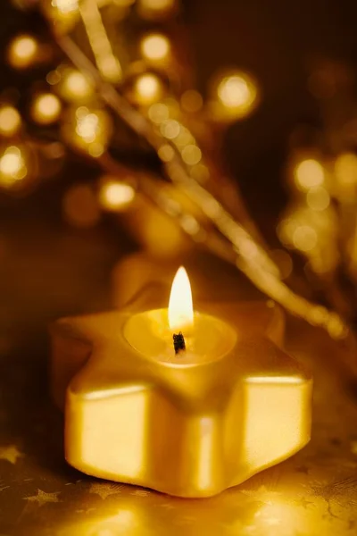 Golden Burning Candle Close — Stockfoto