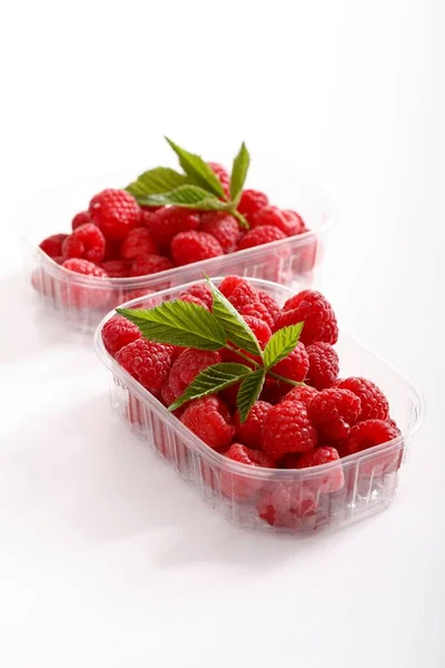 Raspberries Plastic Punnets Raspberry Leaves — Stock Photo, Image