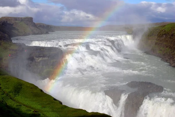 Hvita River Gullfoss Waterfall Rainbow Iceland Europe — Stockfoto