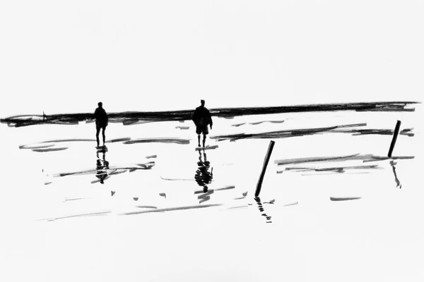 Walk North Sea Tidelands Schleswig Holstein North Germany Drawing Artist — ストック写真