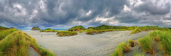 Sandy Beach Grassy Dunes Wharariki Beach Cape Farewell Puponga Tasman — Fotografia de Stock