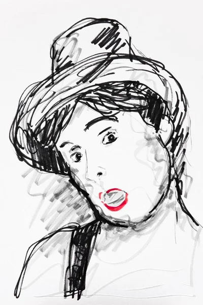 Retrato Uma Mulher Com Chapéu Superior Artista Desenho Gerhard Kraus — Fotografia de Stock