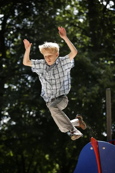 Boy Years Playground Jumping Playground Equipment — Stock Photo, Image