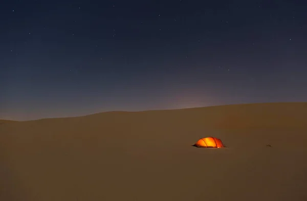 Illuminated Tent Sand Dunes Starry Sky Rub Khali Empty Quarter — Foto de Stock