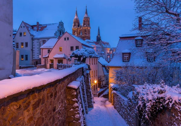 Historic centre in winter, view to the cathedral with stairs Rote Stufen, Dawn, Meissen, Saxony, Germany, Europe