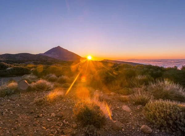 Sunset Cloudy Sky Volcano Teide Volcano Landscape Backlit Scenery National — Stock Photo, Image