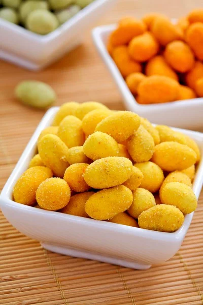 Various Coated Peanuts Curry Wasabi Chili Flavours — Stok fotoğraf