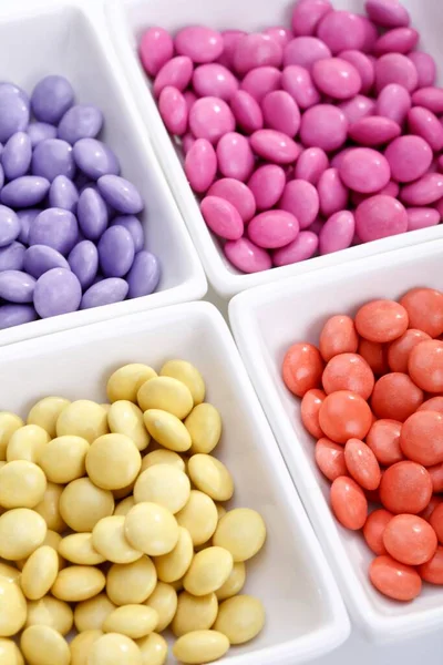 Coloured Chocolate Beans White Bowls — Fotografia de Stock