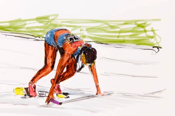 Start Female Runner Track Field Athletics Drawing Artist Gerhard Kraus — ストック写真