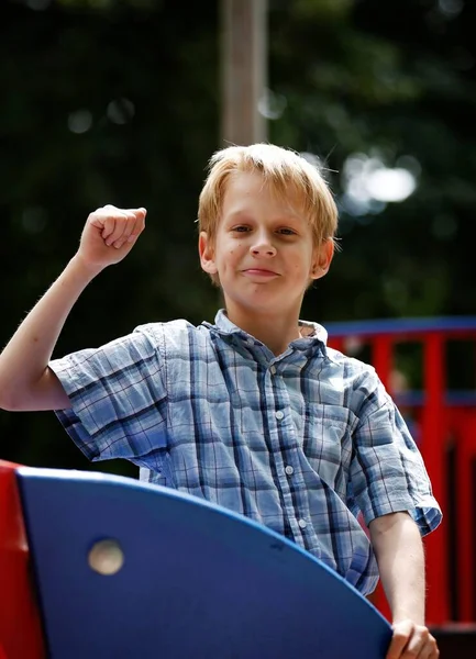 Boy Years Posing Toy Boat Playground — Stockfoto
