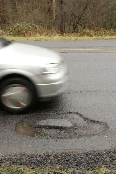 Car Driving Pothole Bergisch Gladbach North Rhine Westphalia Germany Europe — Stockfoto