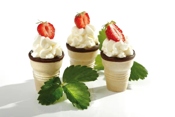 Wafer Ice Cream Cones Cream Strawberries — Zdjęcie stockowe