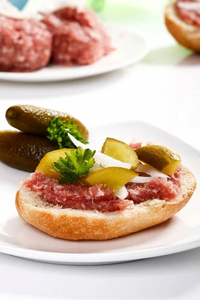 Bread Roll Ground Pork Onions Gherkins Parsley — Photo