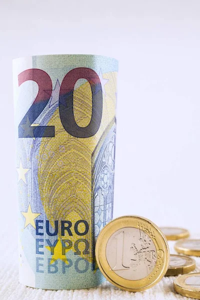 Rolled Upright Twenty Euros Bank Note One Euro Coin — Foto de Stock