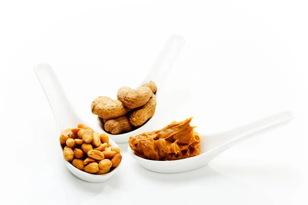 Amendoim Com Sem Conchas Manteiga Amendoim Colheres Porcelana — Fotografia de Stock