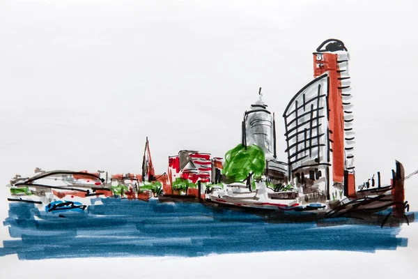 Hamburg Harbor Hafencity Hamburg North Germany Drawing Artist Gerhard Kraus — Zdjęcie stockowe