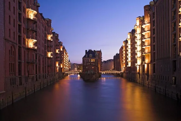 Wasserschloss Water Castle Old Warehouse District Speicherstadt Hamburg Night Germany — Stock Photo, Image