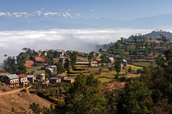 View Countryside Rural Houses Terraced Fields Mountains Himalayas Fog Valley — Photo