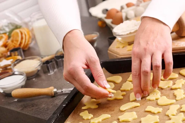 Woman Placing Cookie Dough Christmas Cookies Baking Sheet — Foto de Stock