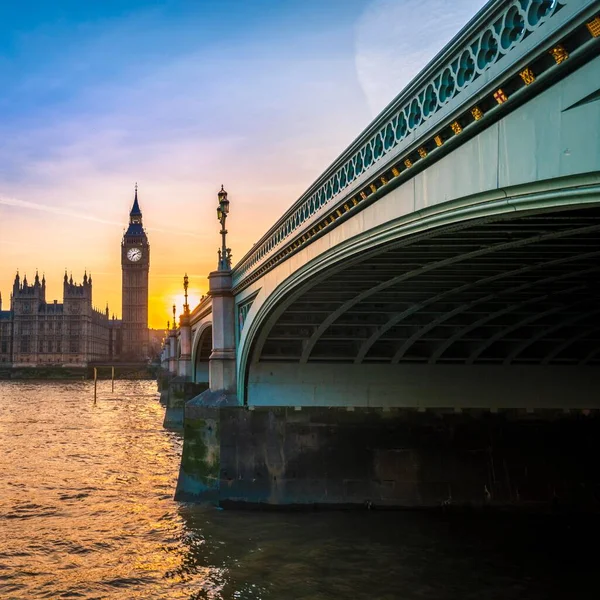 Big Ben Backlit Sunset Houses Parliament Westminster Bridge Thames City — Stock Photo, Image