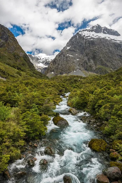 Rio Hollyford Fluindo Através Parque Nacional Fiordland Parte Trás Mount — Fotografia de Stock