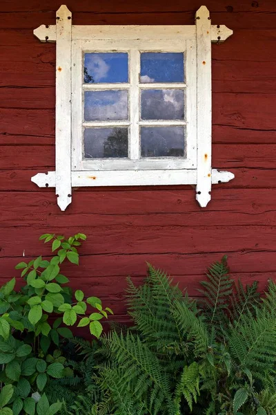 Window Typical Red Wooden House Smland Sweden Europe — Foto Stock