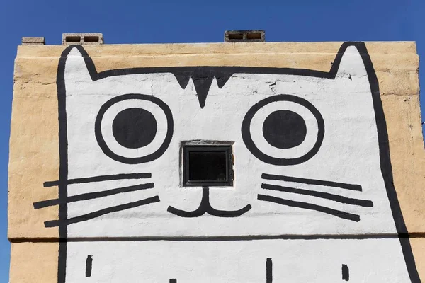 Head Cat Painted House Wall Graffiti Elmo Bay Valletta Malta — Stock fotografie