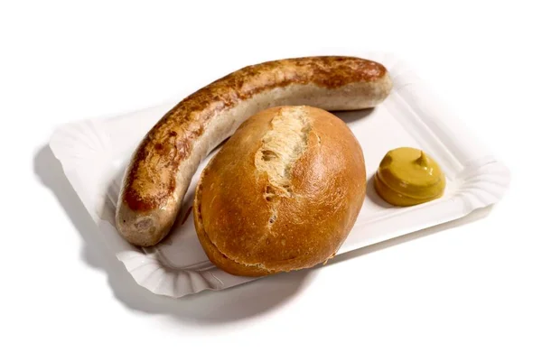 Bratwurst Sausage Bun Mustard Paper Plate — Zdjęcie stockowe