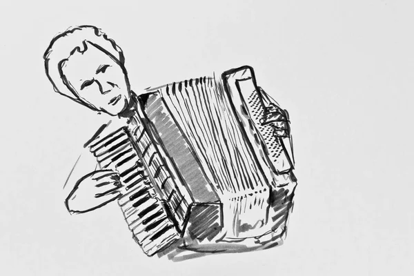 Accordion player, drawing, artist Gerhard Kraus, Kriftel