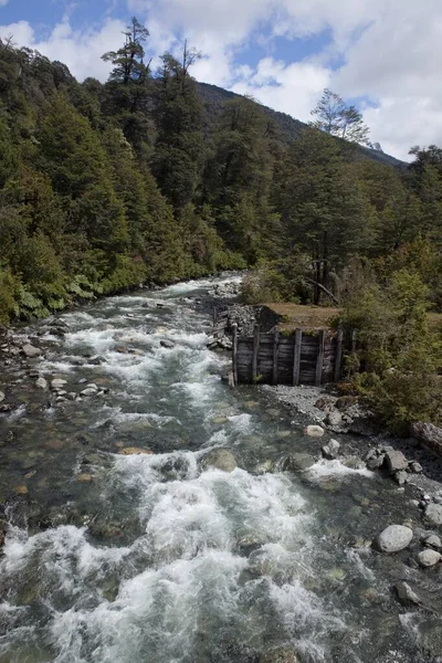 Historic Wooden Bridge Mountain Stream Patagonian Andes Carretera Austral Ruta — Φωτογραφία Αρχείου