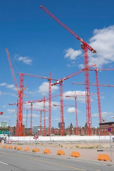 Cranes New Development Area Hafencity Hamburg Germany Europe — Foto Stock