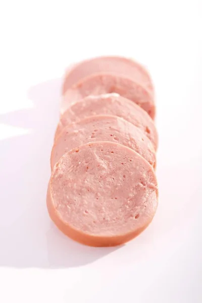Sliced Pork Sausage White Background Close View — Stok fotoğraf
