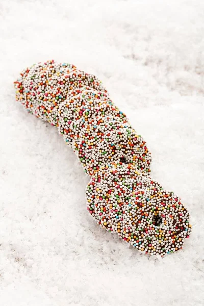 Chocolate Rounds Snow Close View — Stok fotoğraf