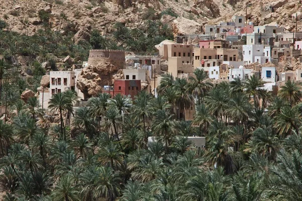 Village Avec Palmiers Bout Ravin Montagneux Wadi Shab Hadjar Gebirge — Photo