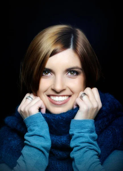 Young Smiling Woman Wearing Turtleneck Sweater Portrait — Photo