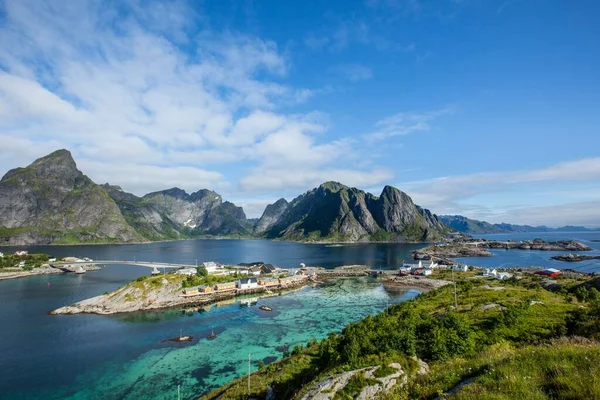 Panoramic View Olenilsoya Reinefjord Moskenesy Lofoten Norway Europe — Stockfoto