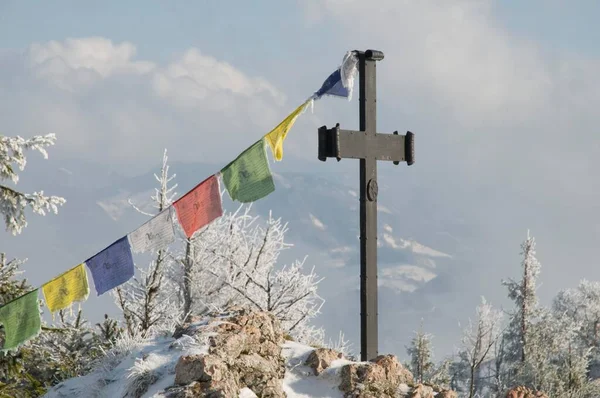 Summit Cross Prayer Flags Schieferstein Mountain Reichraming Upper Austria Europe — Stockfoto