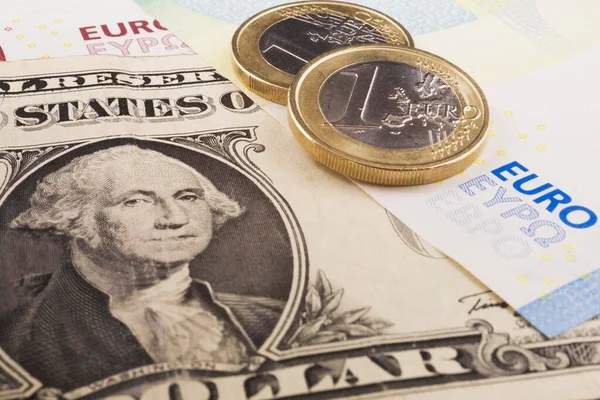 One Dollar Bill Two Euro Coins Top Twenty Ten Euros — Foto de Stock